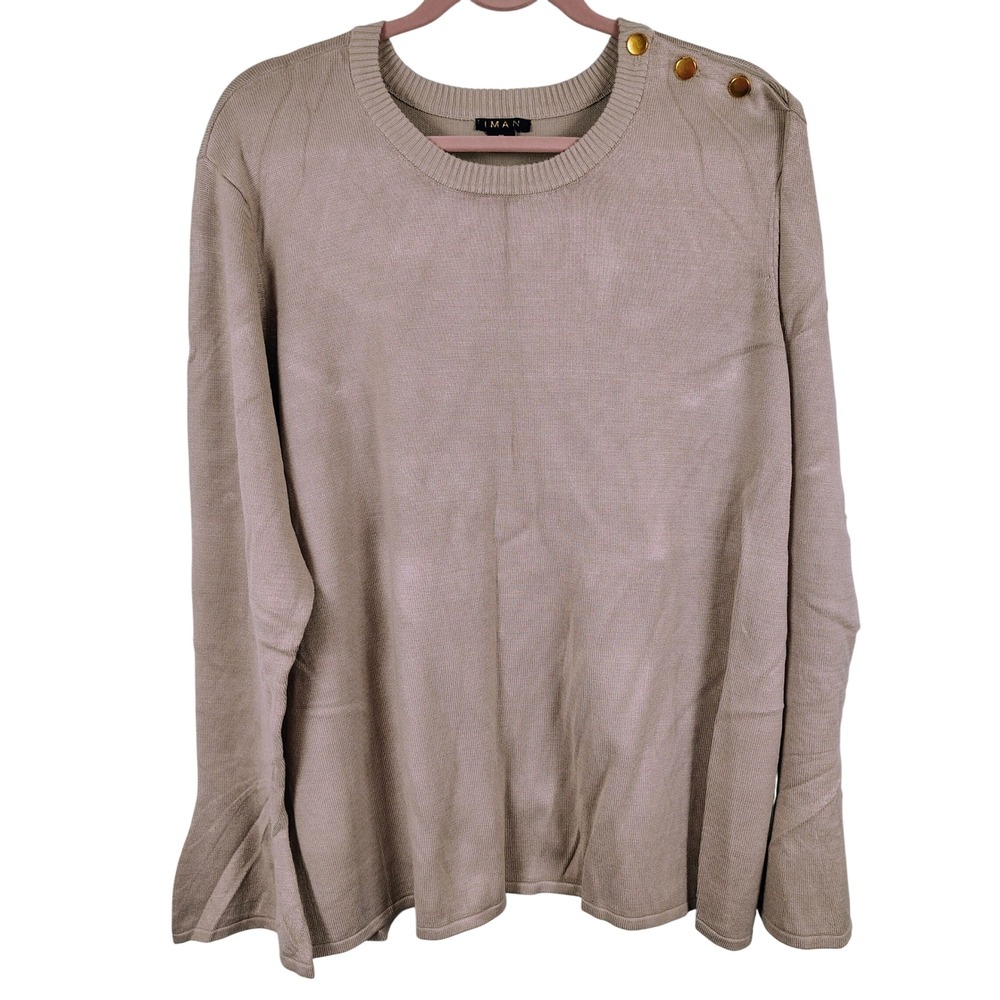 IMAN Womens 1X Button Shoulder Knit Sweater Beige Rayon Blend Quiet Luxury Chic